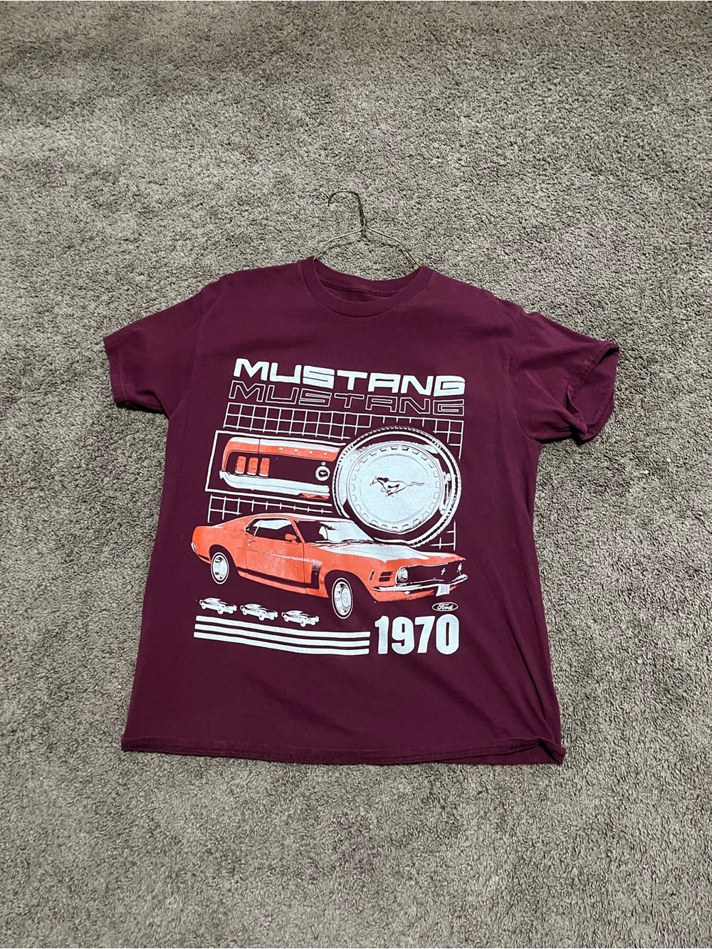 Ford Mustang Graphic Tee in Burgundy with Orange Car Print